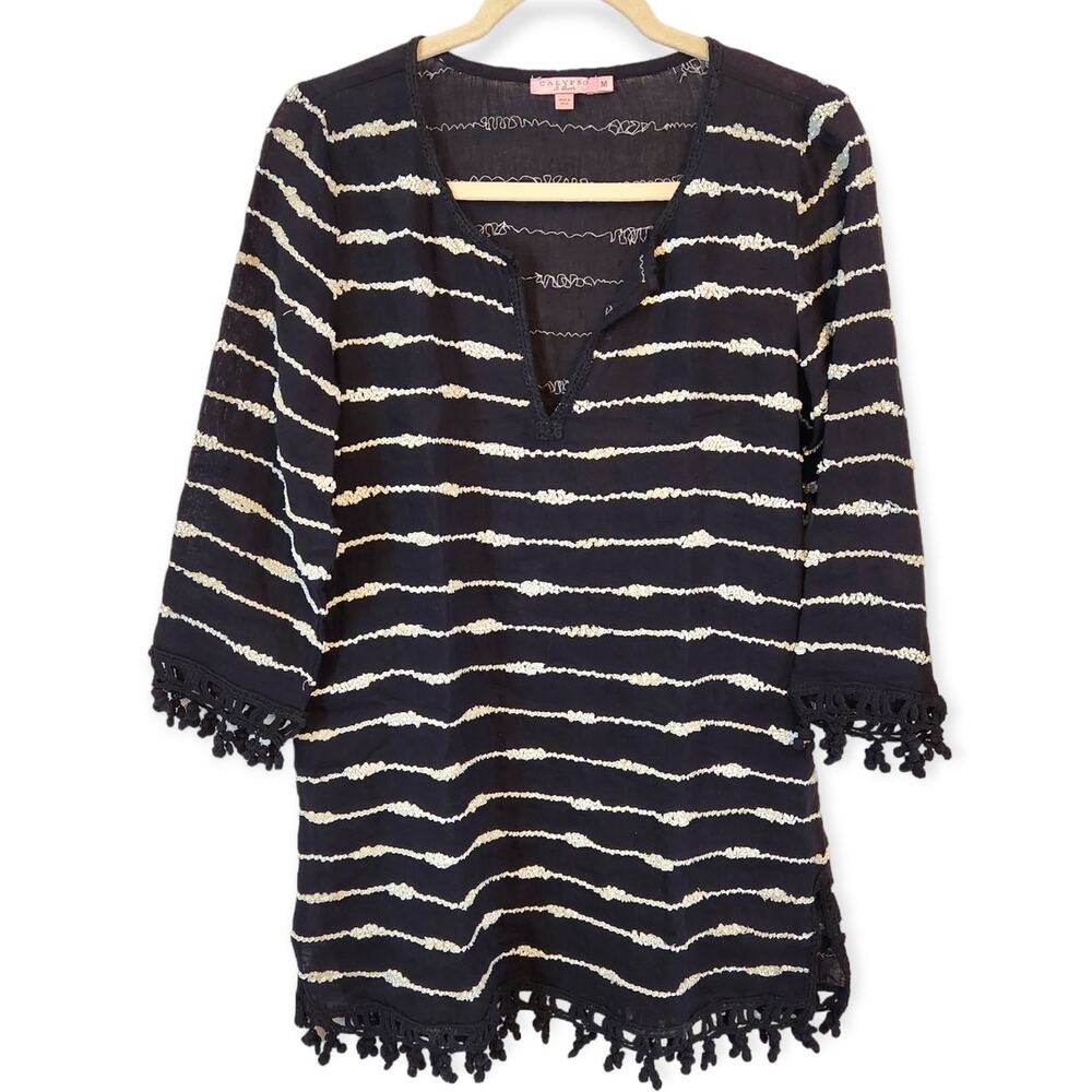 Calypso St Barth Women's Black 100% Linen Beaded Tunic Top Coverup Size Medium